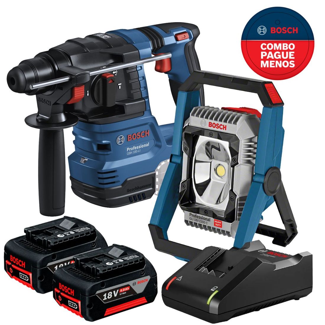 Combo Refletor Sem Fio + Martelete Bosch Com 2 Baterias 18v 4ah e Carregador