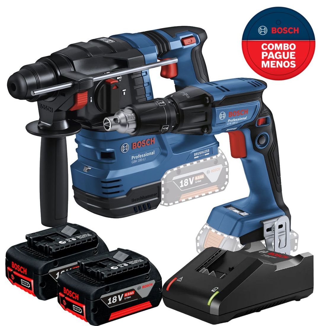 Combo Parafusadeira Drywall + Martelete Bosch Com 2 Baterias 18v 4ah e Carregador