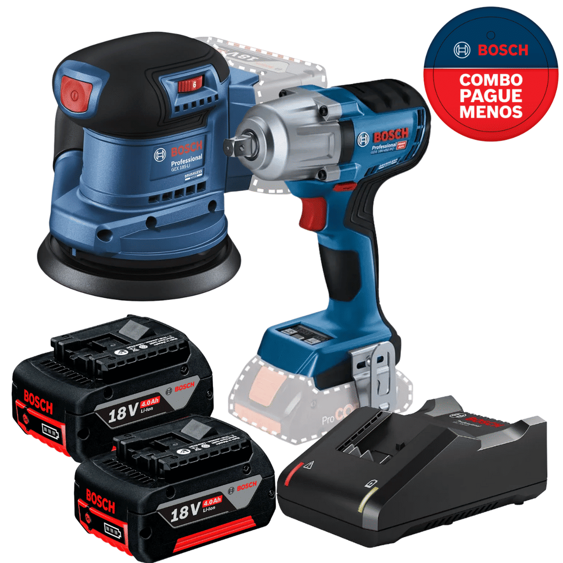 Combo Lixadeira Orbital e Chave Impacto Bosch + 2 baterias 18v 4ah com carregador