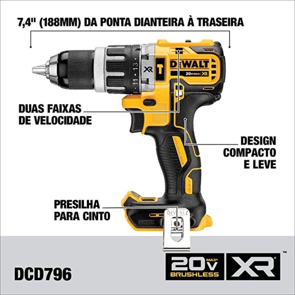 Parafusadeira e Furadeira de Impacto 1/2" 20V DCD796B DeWalt Parafusadeira e Furadeira de Impacto 1/2" 20V DCD796B DeWalt