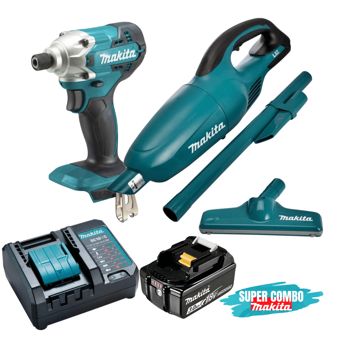 Kit Parafusadeira Impacto Makita 18V + Aspirador de Pó Portátil + 1 Bateria 3Ah e Carregador 127V/220V