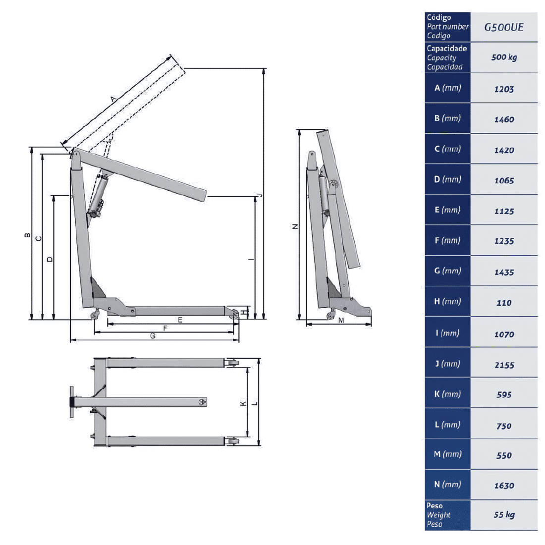 Guincho Hidráulico Dobrável Tipo U 0,5 Tonelada (500Kg) Roda PU Bovenau G501UE
