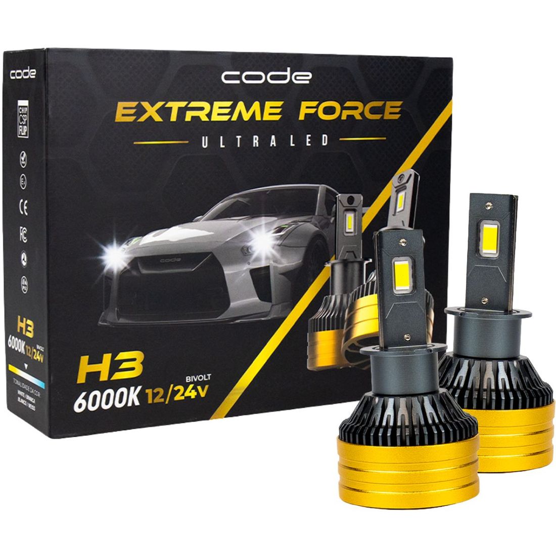 Kit 2 Lâmpadas Ultra Led Code Extreme Force H3 12V 24V 6000K