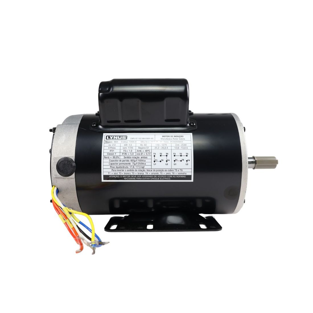 Motor Elétrico Lynus IP21 2CV 127/220V Monofásico 1720RPM