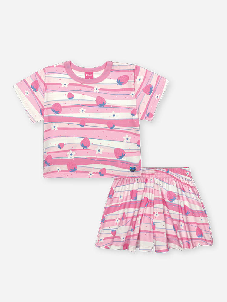 Conjunto Infantil com Regata Cropped em Tricoline e Shorts em Sarja – Look Menina Verão com Morangos RS IOGURTE/VM MARTE