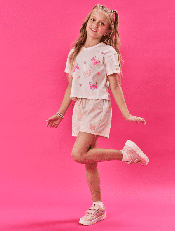 Conjunto Infantil Menina Blusa Boxy E Short  Borboletas E Pompom Lilás E Off White Cinti