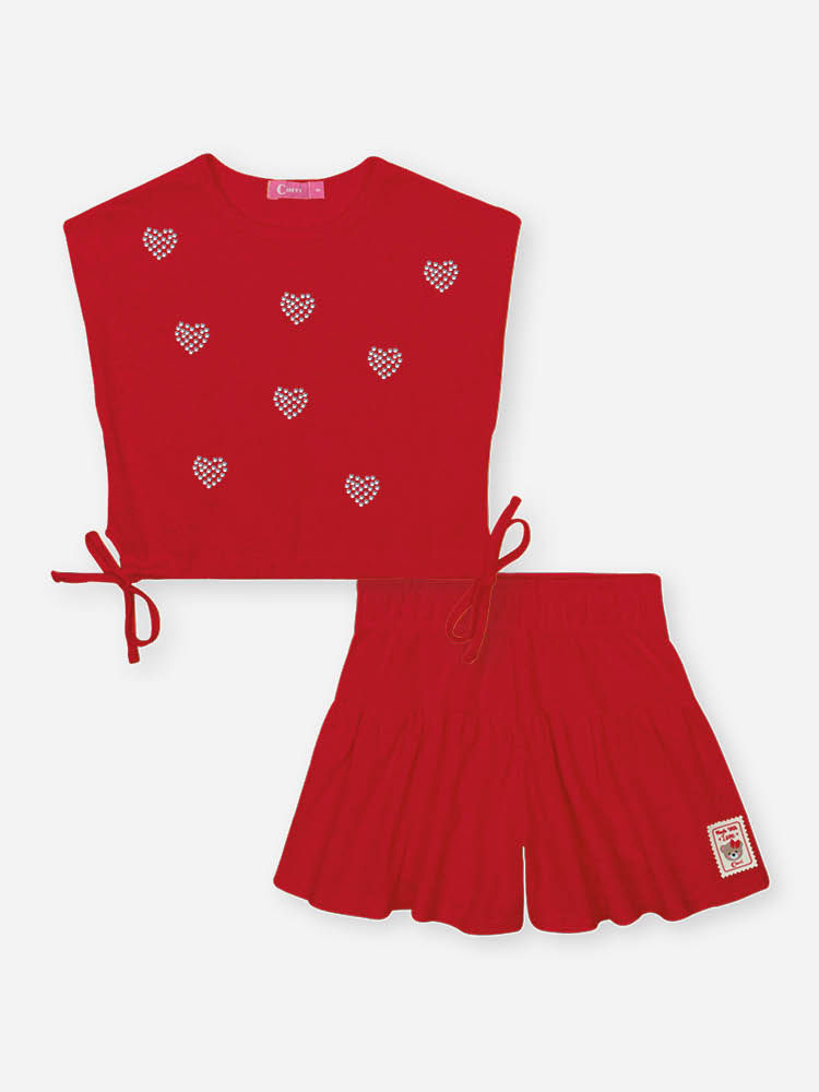 Conjunto Infantil de Festa com Blusa e Shorts em Moletinho Waffle – Look Menina Verão com Strass VERMELHO HOLIDAY