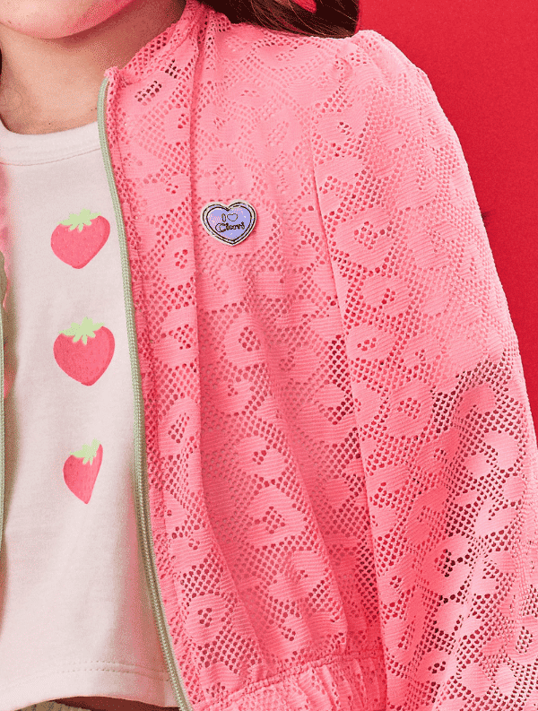 Conjunto Infantil Menina Blusa; Short E Corta Vento Strawberry Natural; Rosa E Verde Cinti