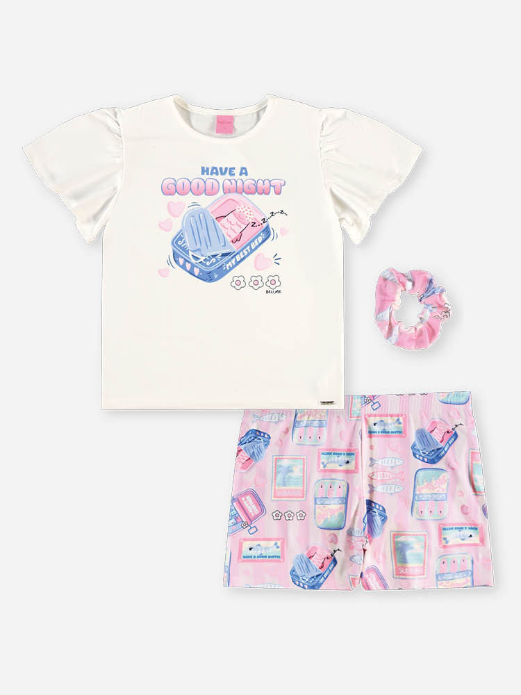 Conjunto Infantil Menina Pijama Beauty com Scrunchie