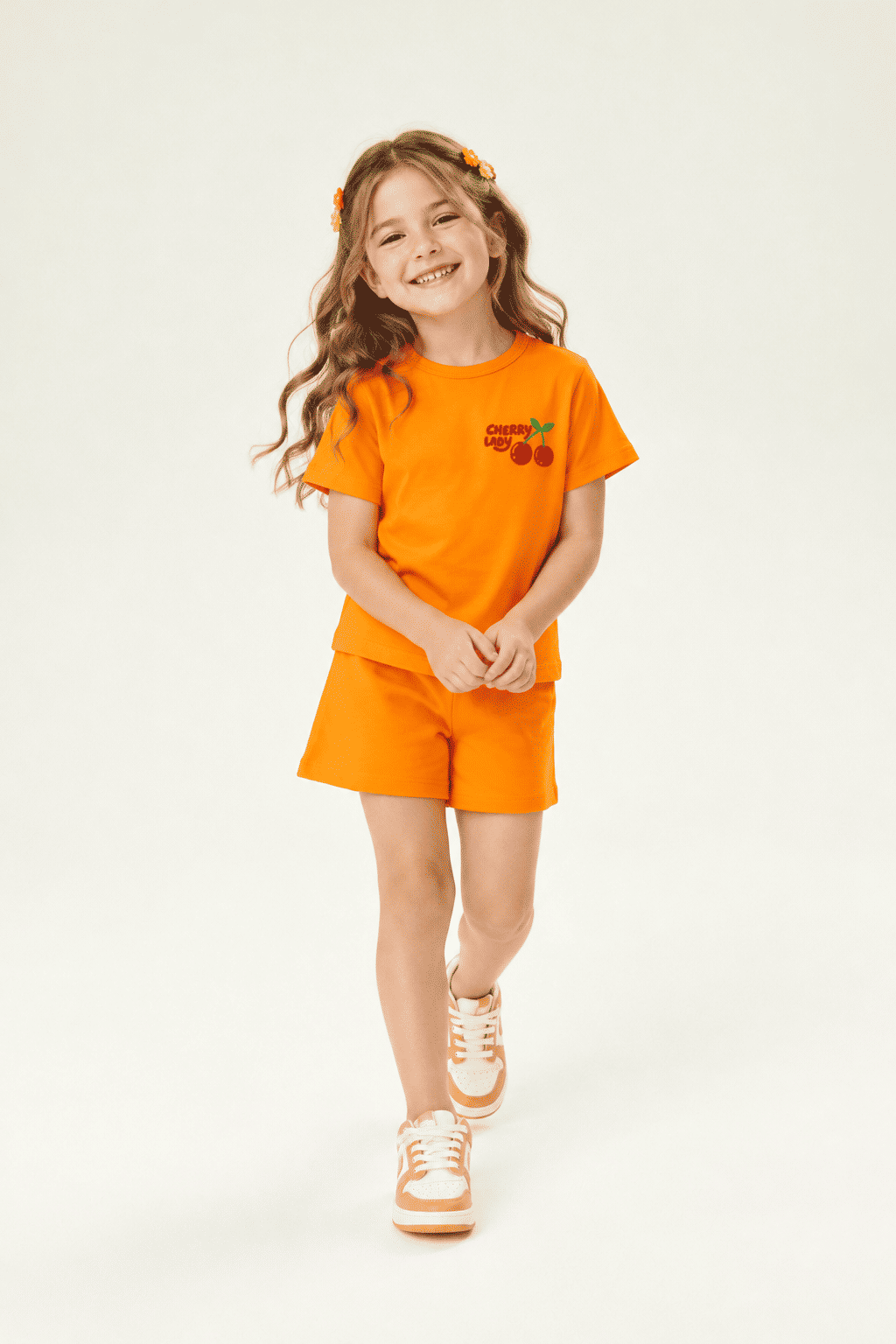 Conjunto Infantil Blusa Cherry Lady e Shorts Laranja Conjunto Infantil Blusa Cherry Lady e Shorts Laranja