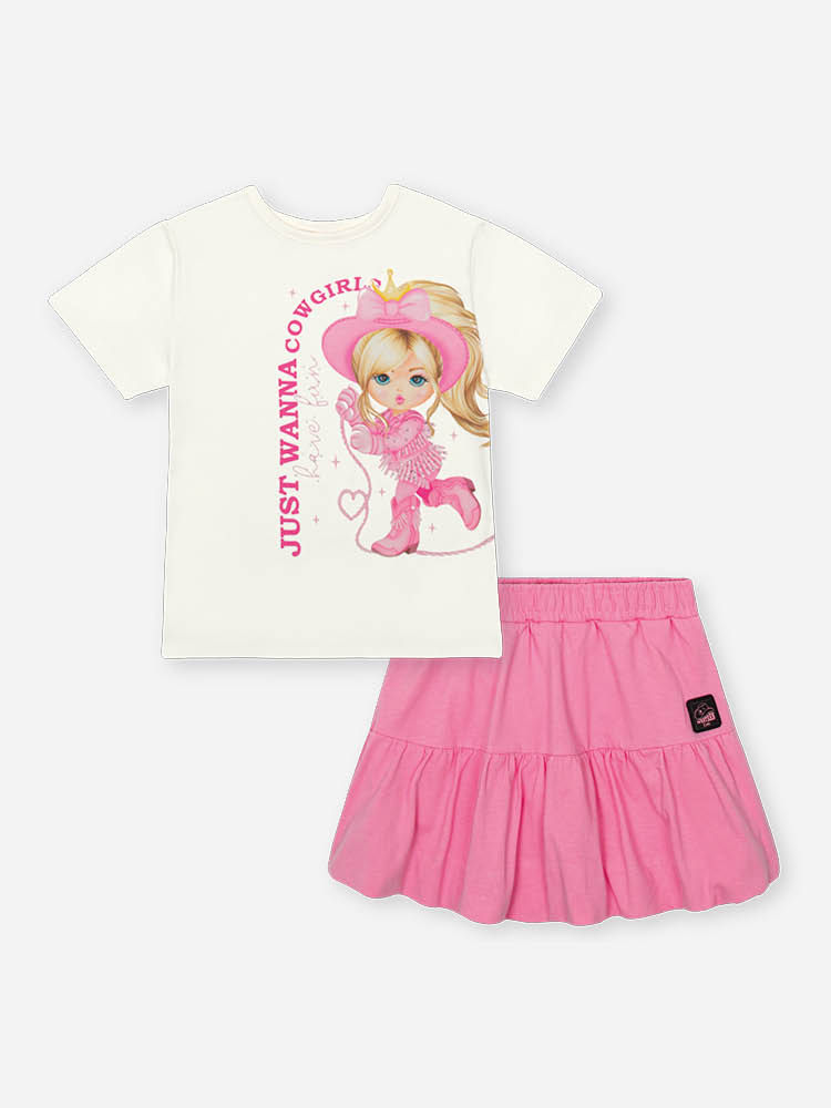 Conjunto Infantil com Blusa Princesa e Unicórnio Cowgirls e Saia Shorts em Cotton NATURAL/RS CONFETE