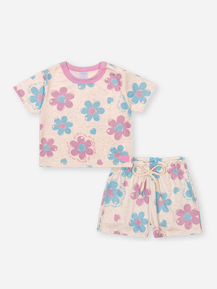 Conjunto Bebê Menina Floral em Cotton Linho – Blusa e Shorts Delicados Cinti Baby OFF WHITE