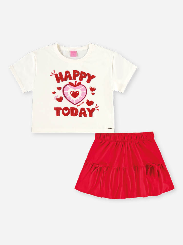 Conjunto Infantil Menina Blusa Boxy e Saia-Short Happy Today
