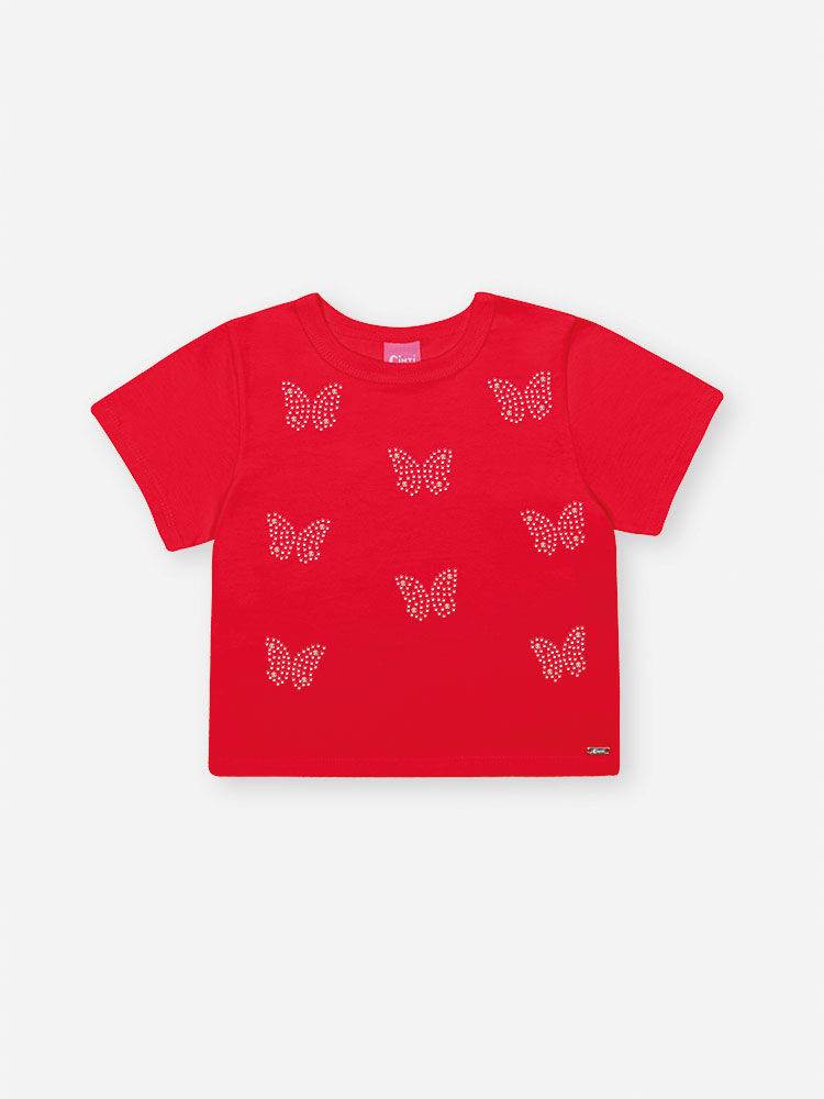 Blusa Infantil Boxy com Borboletas e Strass – Camiseta Menina em Meia Malha Verão VERMELHO MARTE