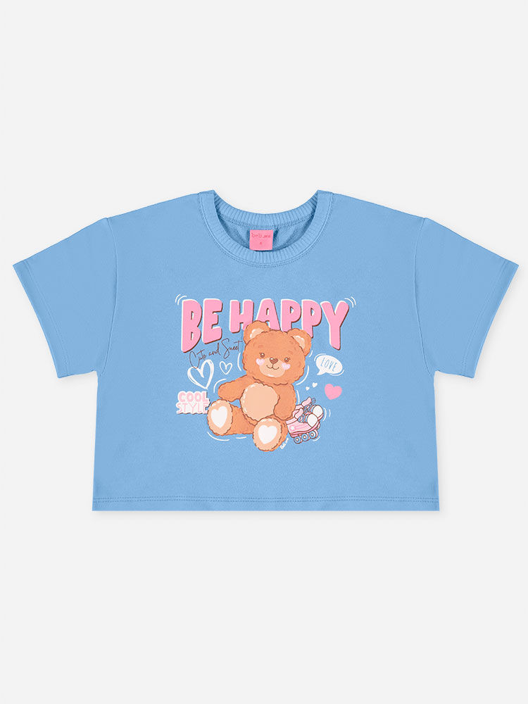 Conjunto Infantil Menina Blusa Boxy Ursinho e Short Azul