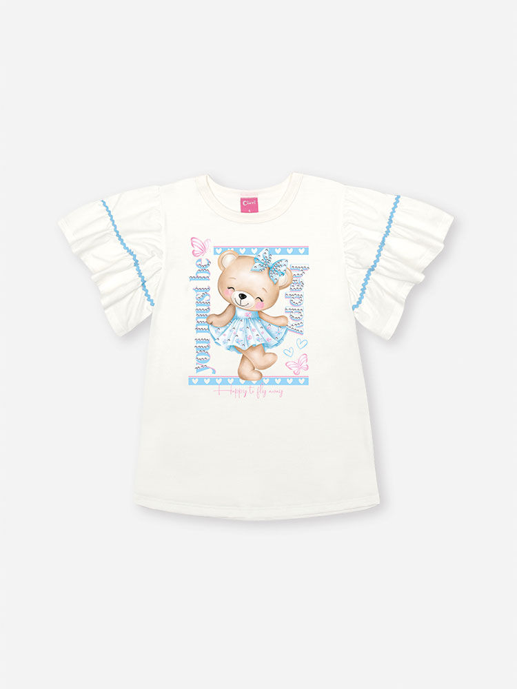 Conjunto Infantil com Blusa 100% Algodão e Ciclista em Cotton – Look Menina Verão com Strass NATURAL/AZ PORCELANA