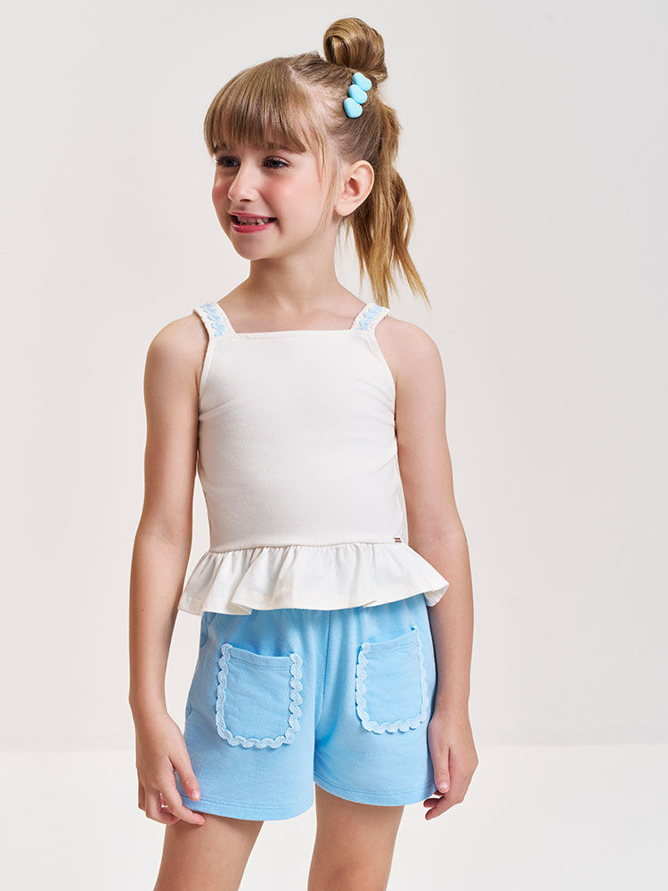 Conjunto Infantil com Regata Boxy em Cotton e Shorts em Moletinho – Look Menina Verão com Algodão NATURAL/AZ PORCELANA