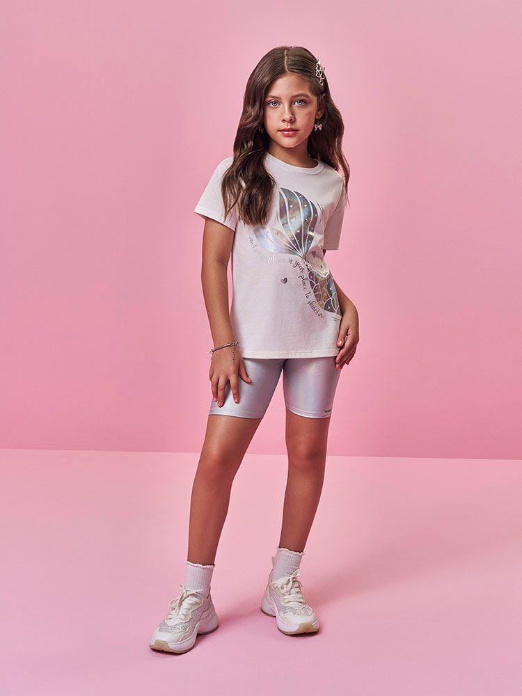 Conjunto Infantil Menina Blusa de Sereia e Ciclista Holográfica Prata