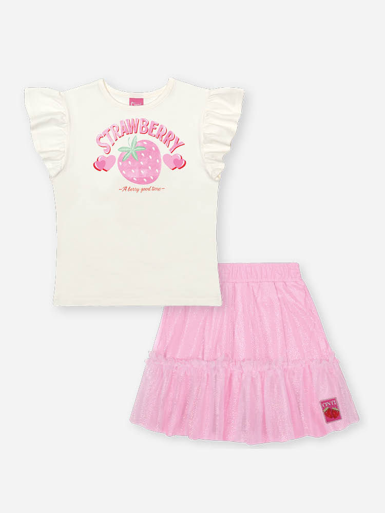 Conjunto Infantil com Blusa em Cotton e Saia Shorts com Tule Foil – Look Menina Verão com Morango e NATURAL/RS IOGURTE