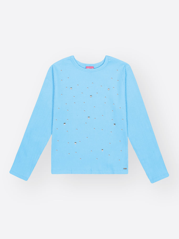 Blusa Canelada Menina com Strass Mundo Cinti AZUL PORCELANA