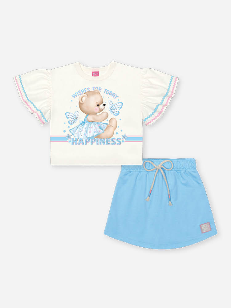 Conjunto Infantil com Blusa 100% Algodão e Shorts Saia em Moletinho – Look Menina Verão com Strass NATURAL/AZ PORCELANA