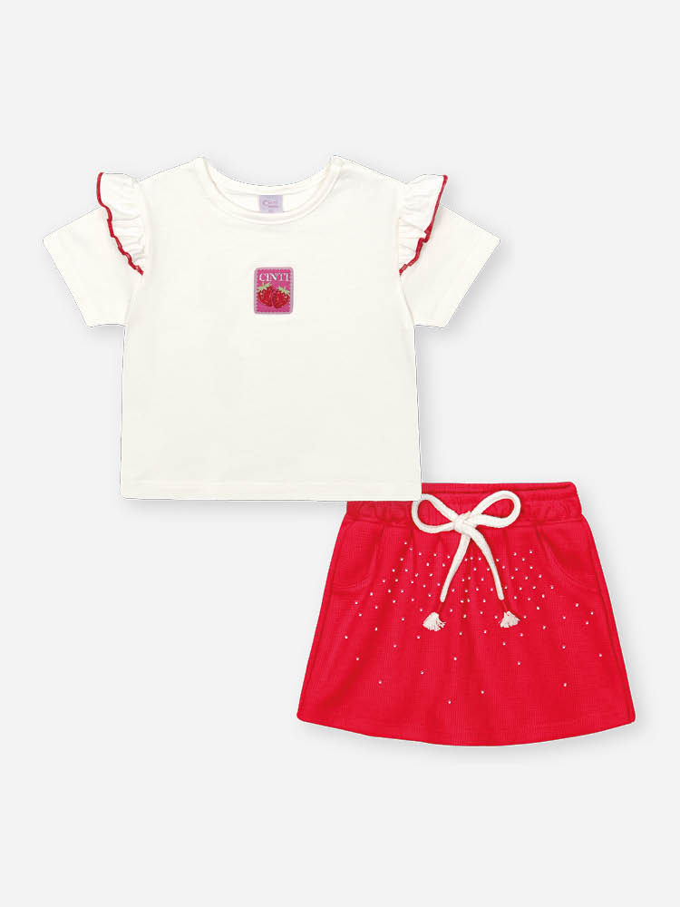 Conjunto Bebê Menina com Shorts Saia Vermelho – Blusa em Cotton e Shorts Saia em Moletinho Waffle Ci NATURAL/VM MARTE