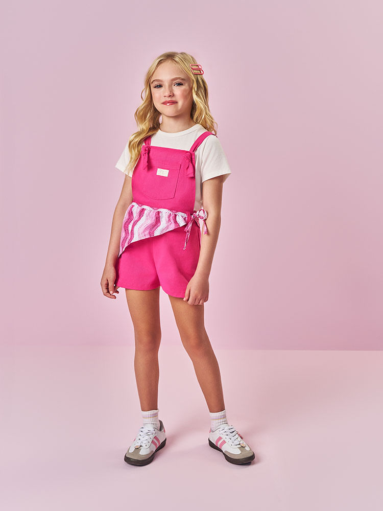 Conjunto de Jardineira Infantil Menina Listrado Rosa Mundo Cinti