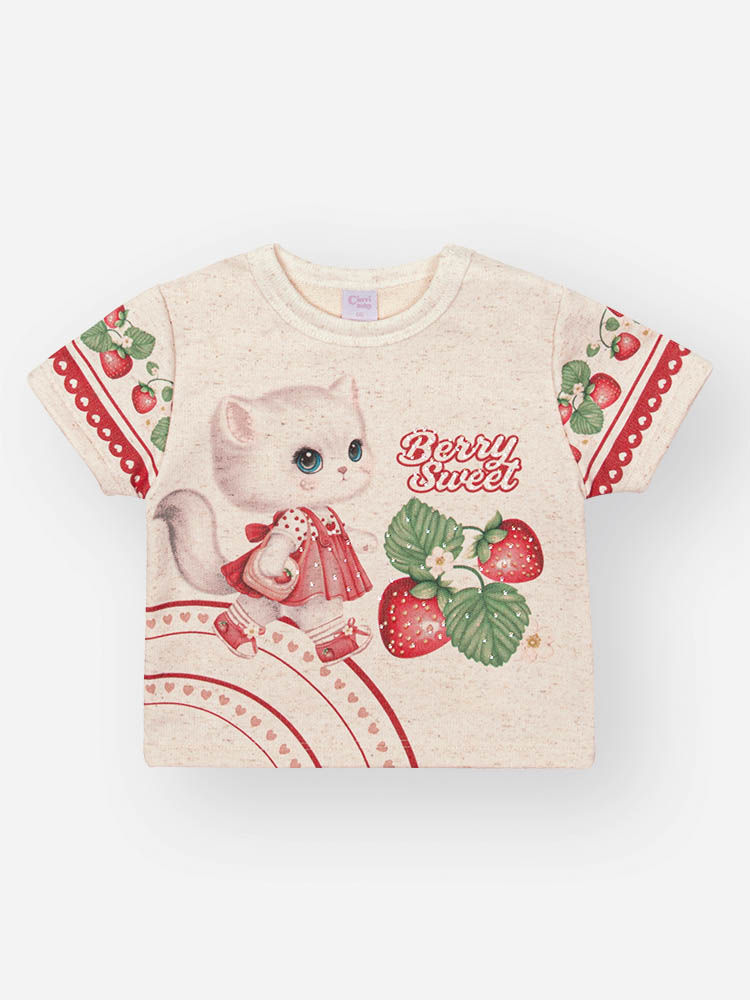 Conjunto Bebê Menina Berry Sweet em Moletom Linho – Blusa e Shorts Infantil com Estampa de Gatinha e OFF WHITE