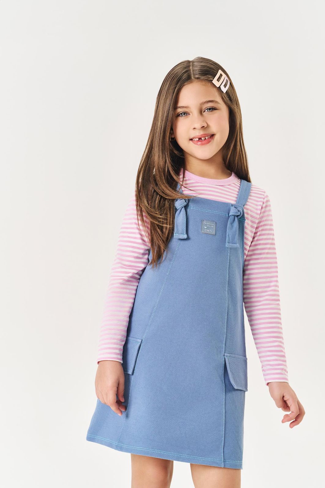 Conjunto Infantil Menina Blusa Listrada E Salopete Rosa Mundo Cinti