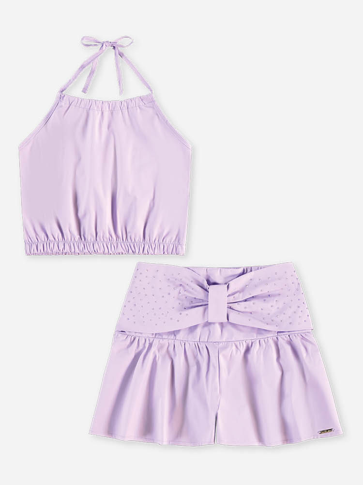 Conjunto Infantil Regata Cropped e Short Lilás com Laço e Strass