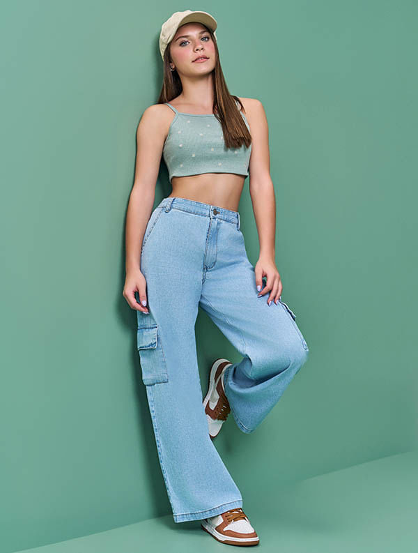 Top Teen Feminino Bordado Margaridas Verde Dway