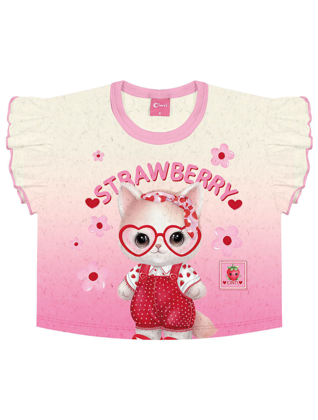 Conjunto Infantil Menina Blusa Cropped E Shorts-Saia Strawberry Off White E Rosa Cinti