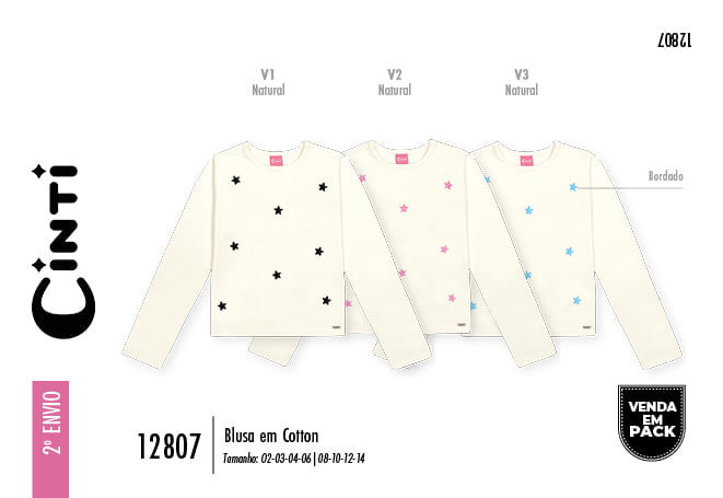Blusa Menina em Cotton Estrelas Bordadas Mundo Cinti NATURAL/ROSA