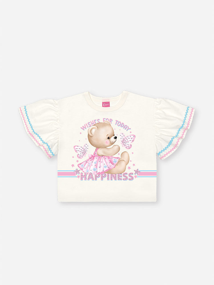 Conjunto Infantil com Blusa 100% Algodão e Shorts Saia em Moletinho – Look Menina Verão com Strass NATURAL/RS IOGURTE
