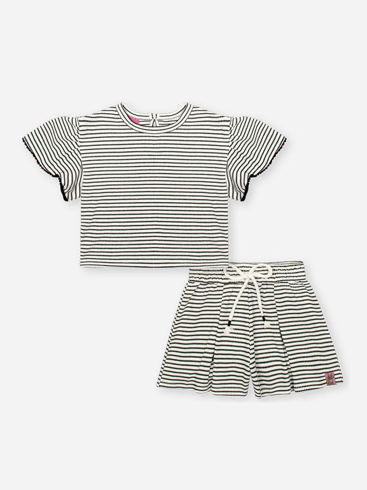 Conjunto Infantil Listrado com Blusa Boxy e Shorts em Malha Fio Tinto – Look Menina Verão Preto PRETO