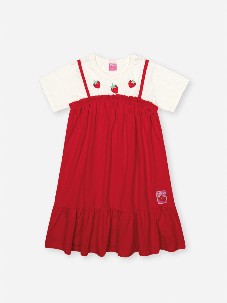 Vestido Infantil em Meia Malha – Vestido Menina Verão Vermelho com Bordado de Morango NATURAL/VM MARTE