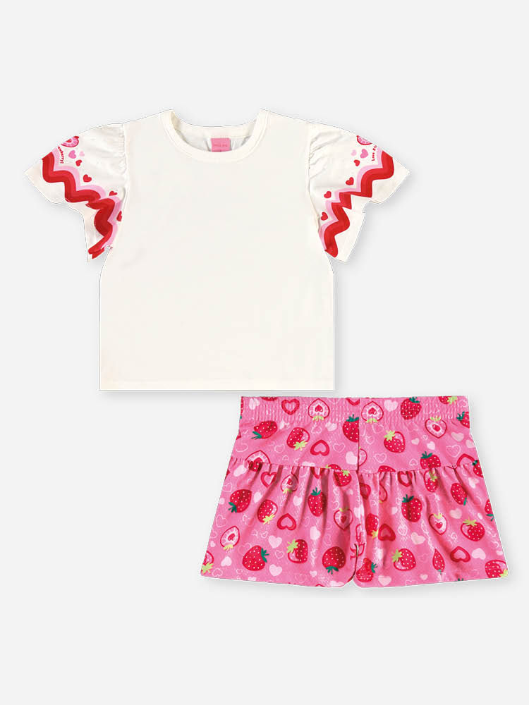 Conjunto Infantil Menina Blusa com Strass e Short de Morangos