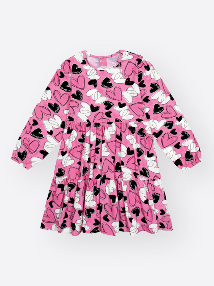 Vestido Infantil Manga Longa com Babados Três Marias – Vestido Menina Corações Mundo Cinti