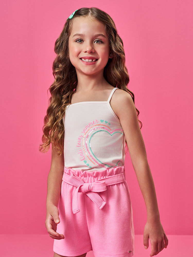 Conjunto Infantil Neon Love com Regata Cropped em Cotton e Shorts em Moletinho Waffle – Look Menina NATURAL/RS BARBIE