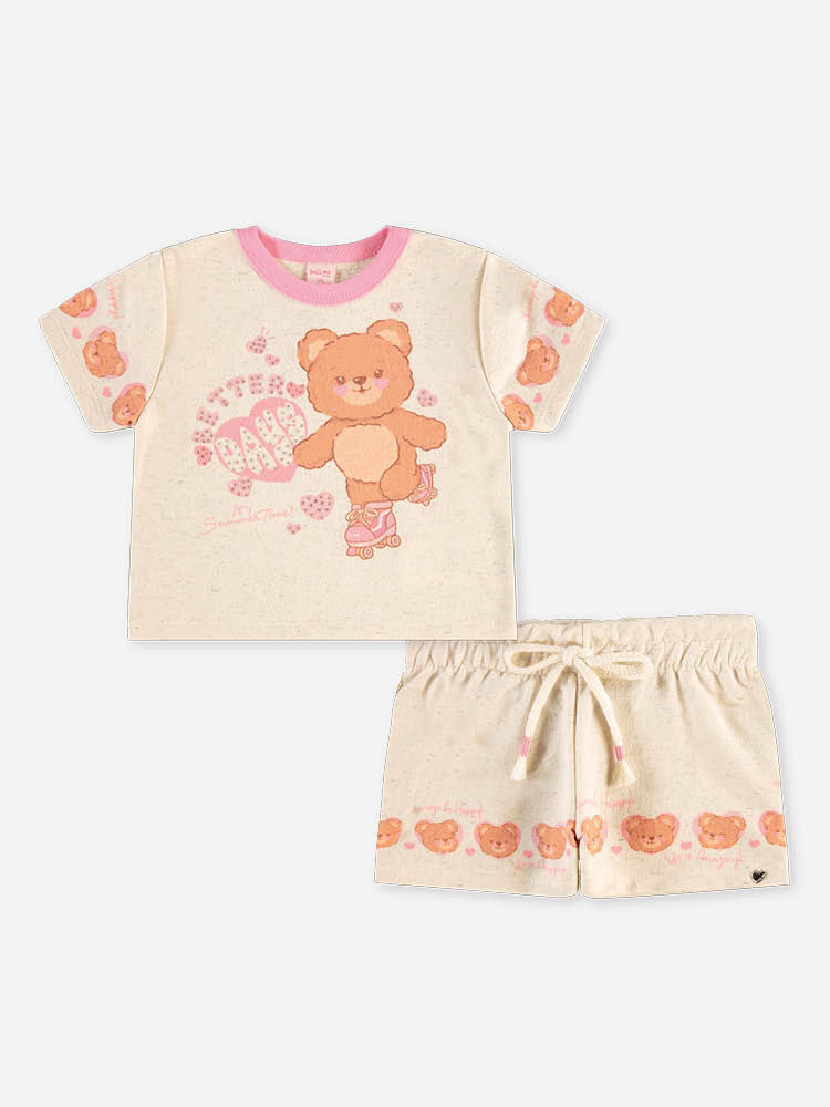 Conjunto Bebê Blusa de Ursinha e Short Clochard com Linho