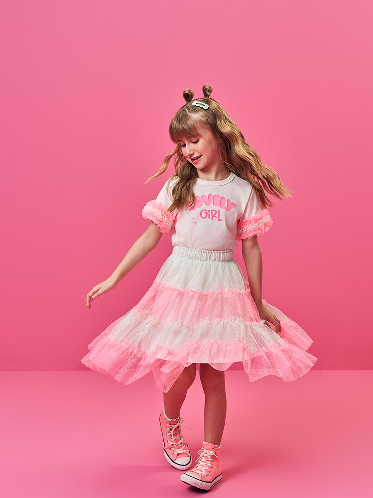 Saia Midi Infantil Neon Love em Meia Malha e Tule Foil – Saia Menina Verão Colorida com Brilho RS BARBIE/VD BRISA
