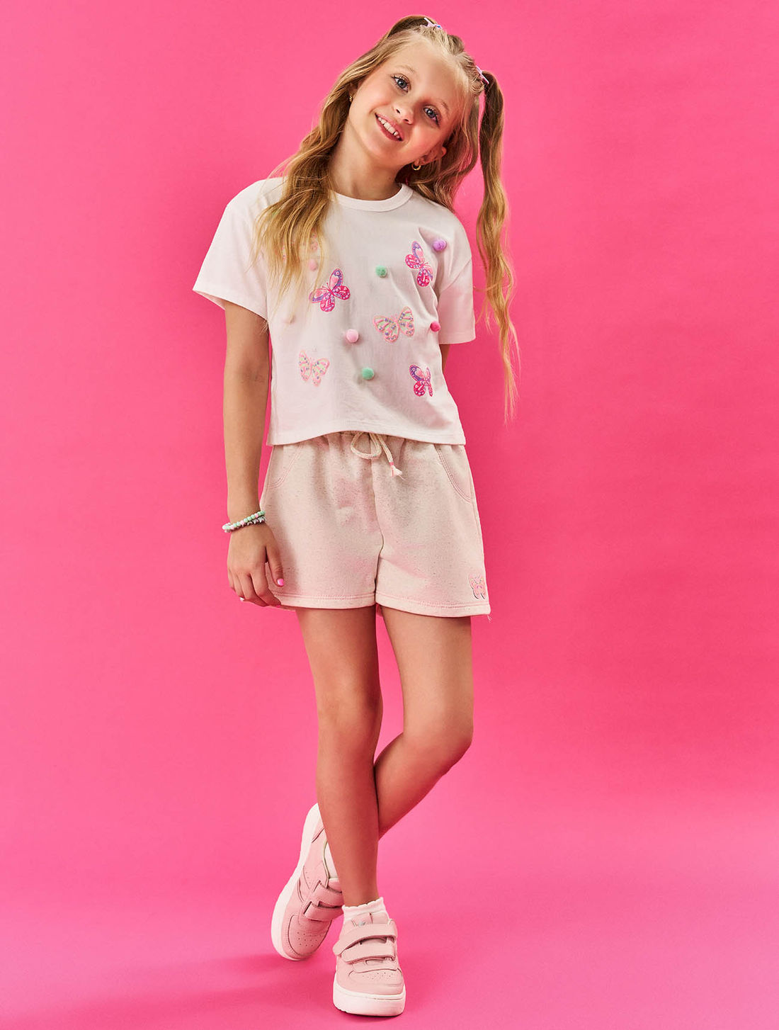 Conjunto Infantil Menina Blusa Boxy E Short  Borboletas E Pompom Natural Cinti