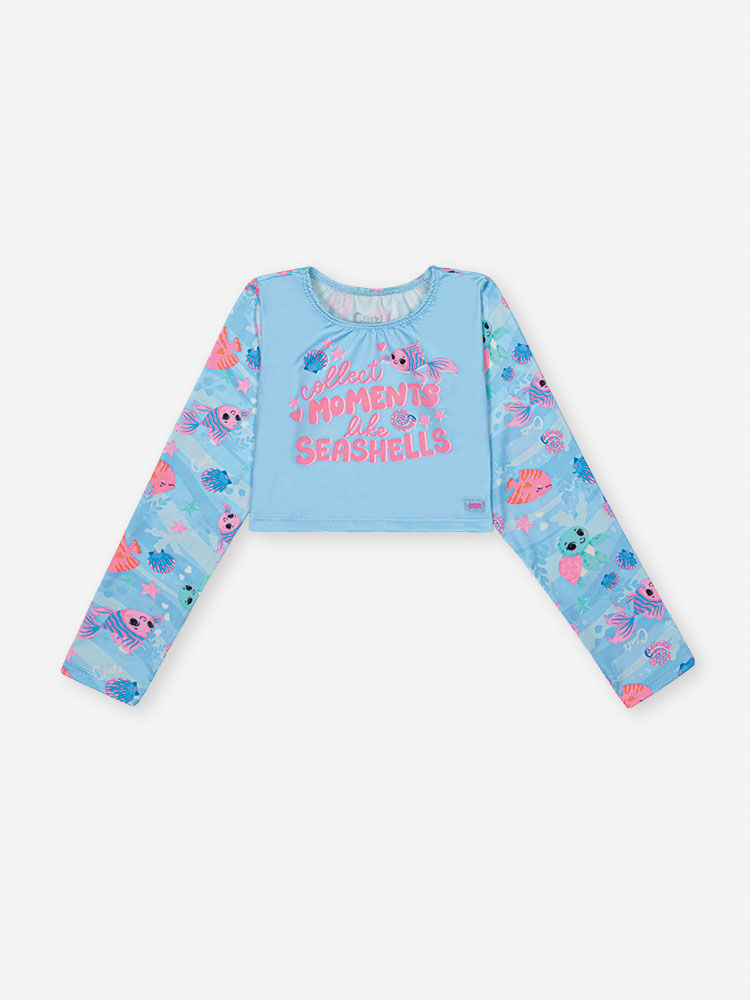 Biquíni Infantil em Malha UV com Estampa de Conchas e Fundo do Mar – Moda Praia Menina Verão com Blu AZUL PORCELANA