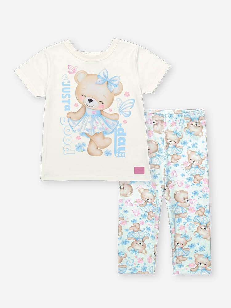 Conjunto Bebê Menina Ursinha Bailarina com Legging Estampada – Look Confortável Cinti Baby NATURAL/AZ PORCELANA