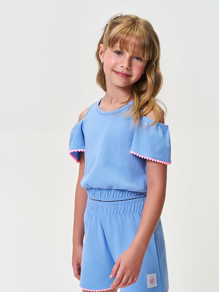 Conjunto Infantil Menina Cropped Recorte Ombros e Short Waffle