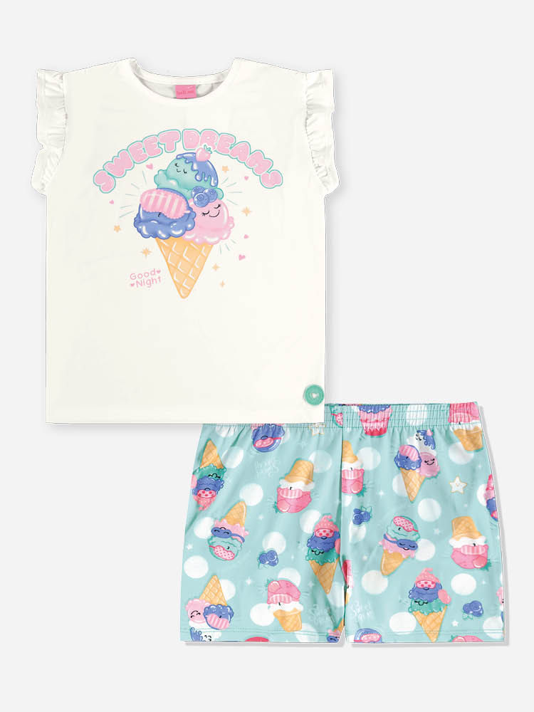 Conjunto Infantil Menina Blusa e Short Sorvetes em Malha Suede