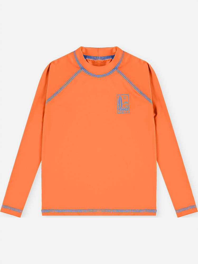 Camiseta Menino Manga Longa em Malha UV Laranja Neon