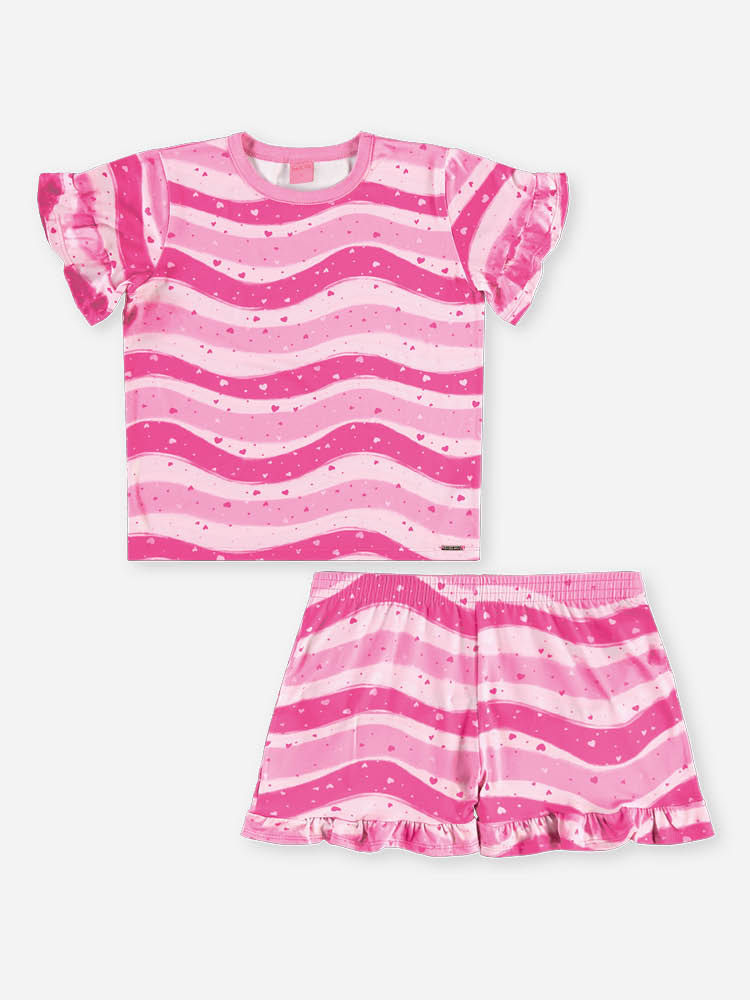 Conjunto Infantil Menina Blusa e Short Listrado Rosa em Malha Suede