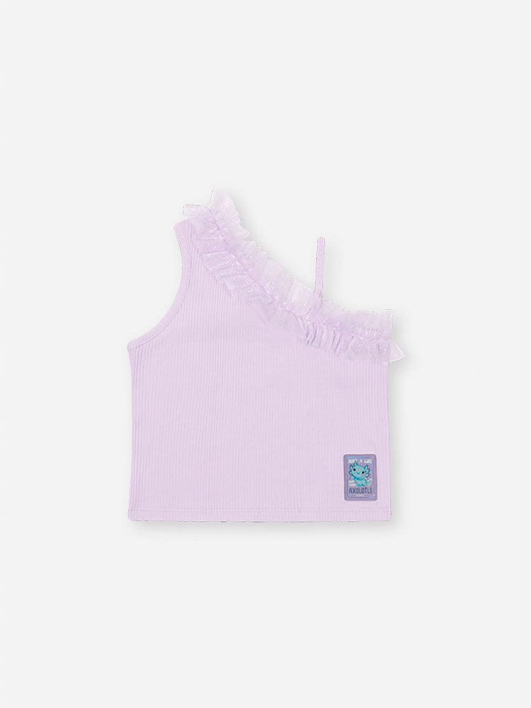 Conjunto Infantil com Blusa Cropped em Ribana e Shorts Saia Estampa Sara Salamandra – Look Menina Ve LILAS BRUMA