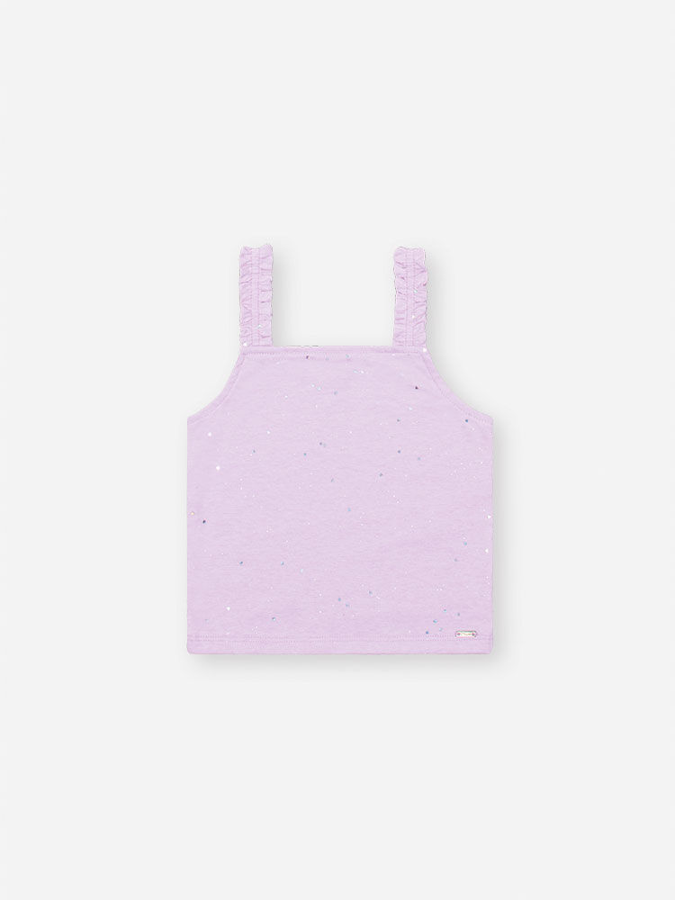 Conjunto Infantil com Regata Boxy e Saia Shorts com Glitter – Look Menina Verão em Meia Malha LILAS BRUMA